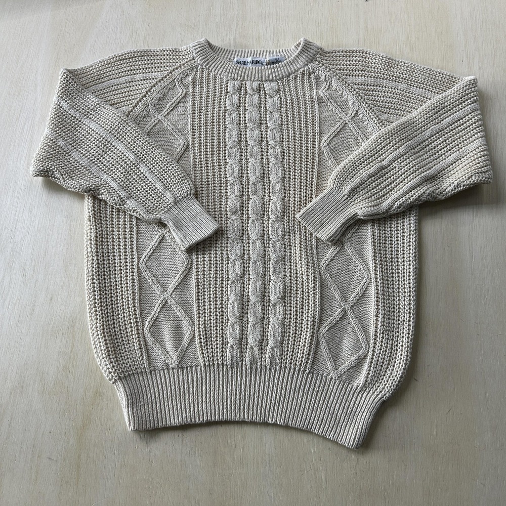 Vintage Scenario Sweater Womens Large Beige Cable Knit Crew Neck Raglan Pullover
